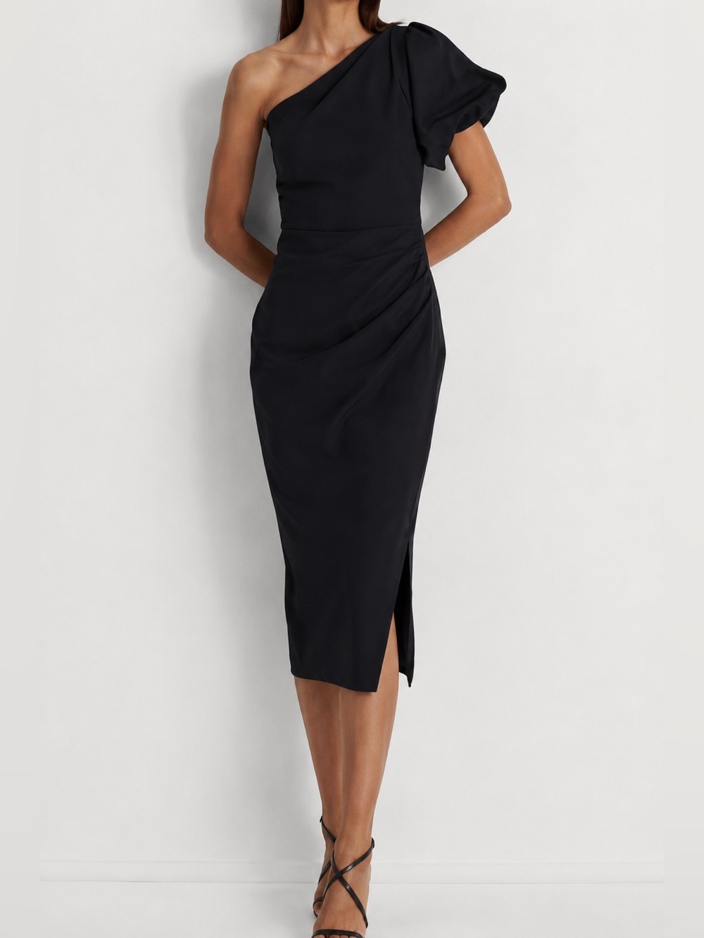 NWT Ralph Lauren One-Shoulder Black Midi Dress with Side Slit Size 6